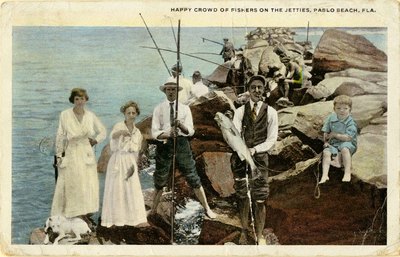 Postcard: Happy Crowd of Fishers on the Jetties, Pablo Beach, Fla
