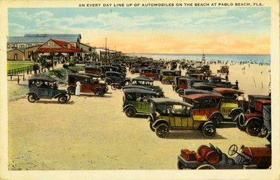 Postcard: An Every Day Line Up of Automobiles on the Beach at Pablo Beach, Fla.