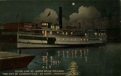 Postcard: Clyde Line St. Johns River Steamer, "The City of Jacksonville." By Night. Jacksonville, Florida