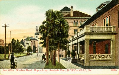 Postcard: Post Office, Windsor Hotel, Hogan Street, Seminole Club, Jacksonville, Florida; 1900's