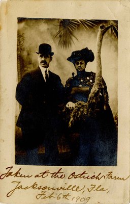 Postcard: Portrait of a Couple with a Taxidermied Ostrich, Jacksonville, Florida