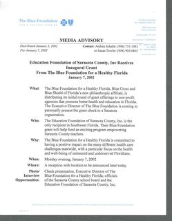 Media Advisory: “Education Foundation of Sarasota County, Inc. Receives Inaugural Grant From The Blue Foundation for a Healthy Florida”