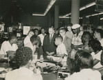 Reporters talk with Alton Yates and Rodney Hurst during the first sit-in demonstration, August 13, 1960. Digitally Retouched Version.