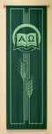 A Green Banner with book that displays the Alpha and Omega together with Wheat Stalks by James Dwight Davis