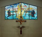 Crucifixion Scene Stained Glass Window and Hanging Crucifix by James Dwight Davis