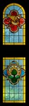 Two Stained Glass Windows. On top is Mark, symbolized as a Lion and at the bottom is the Burning Bush by James Dwight Davis